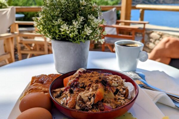 food Breakfast served by the sea during yoga teacher training at Evia Silence with Alpha Yoga School in Greece.
