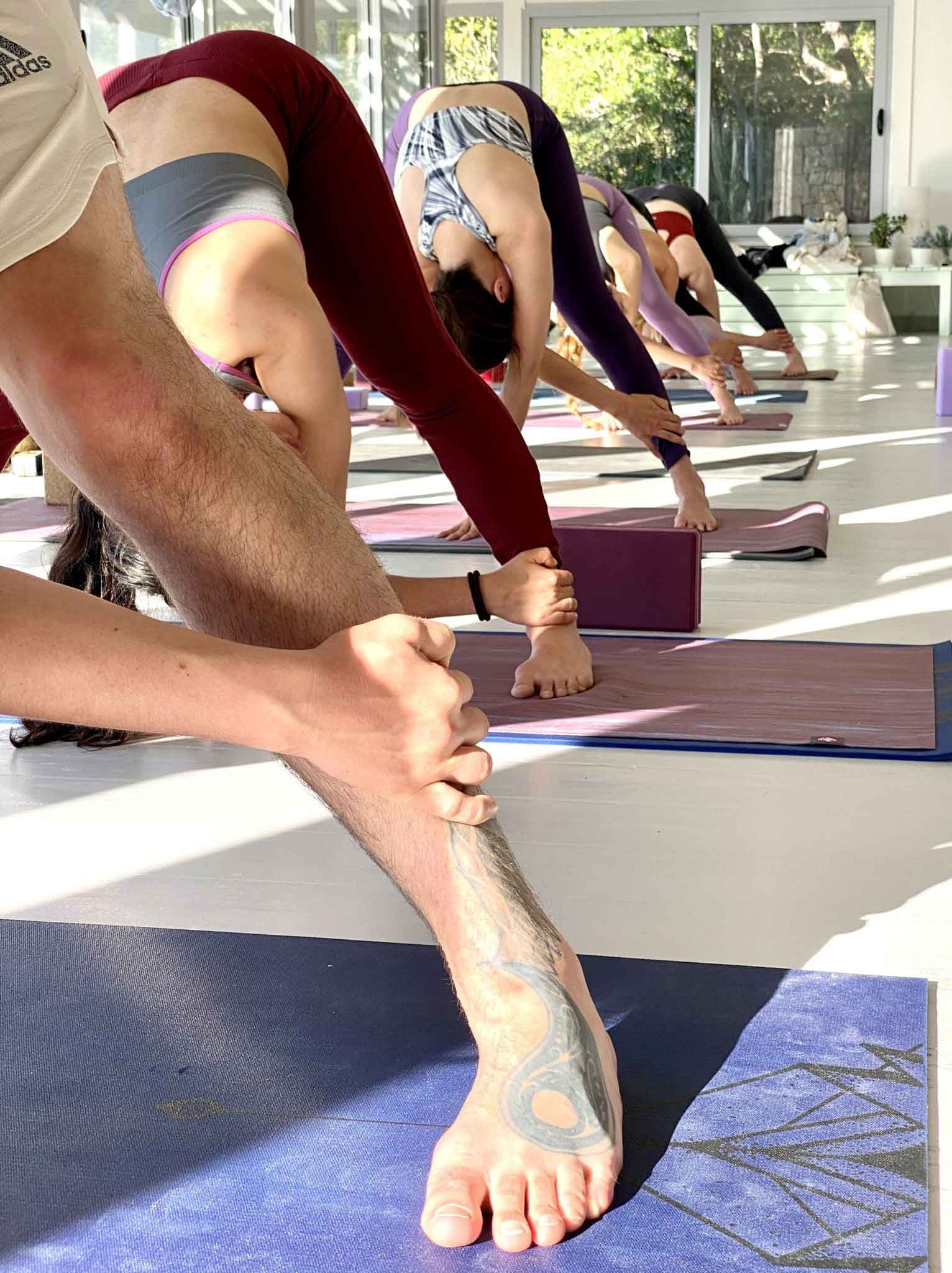 Yoga students in asana class practicing parivrta padottonasana.