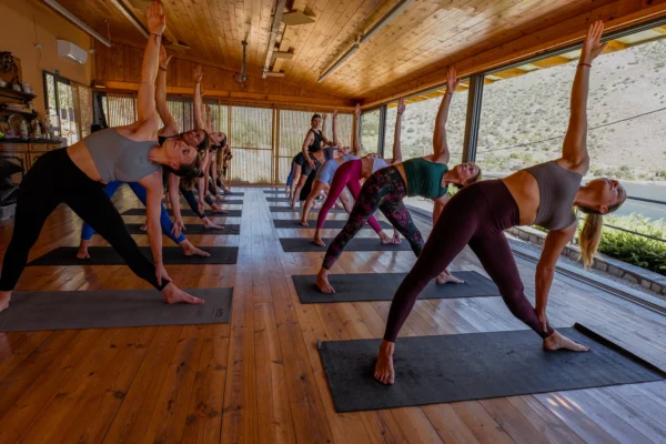 P1000214-HDR-2 (1) Yoga students in utthita trikonasana (triangle pose) during yoga teacher training on the Greek Islands with Alpha Yoga School.